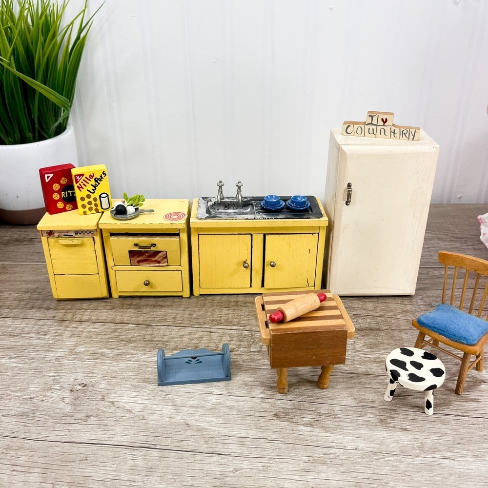 Vintage dollhouse miniature kitchen Sears 1970s wood sink stove table food